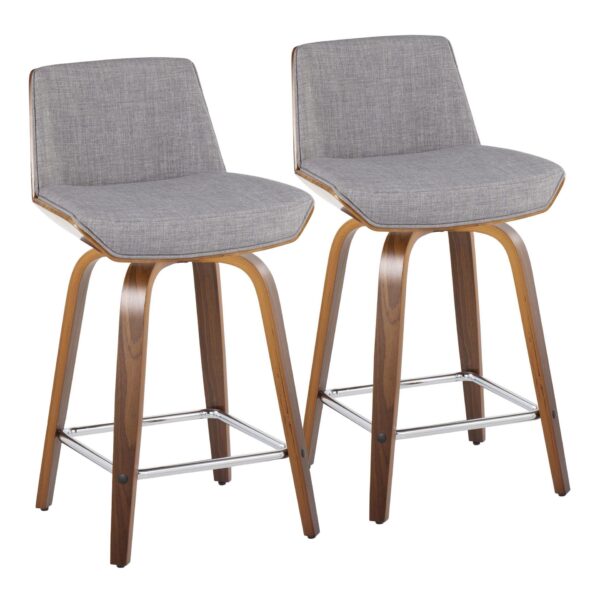 Corazza - Mid-Century Modern Fixed Height Counter Stool With Swivel With Square Footrest (Set of 2) - Walnut / Light Gray