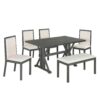 Topmax - 6 Piece Farmhouse Classical Dining Table Set With Trestle Legs, Kitchen Table Set For 6 With 4 Upholstered Dining Chairs And Bench - Gray - Image 8