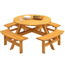 8 Person Wooden Picnic Table, Outdoor Camping Dining Table With Seat, Garden, Diy With 4 Built-In Benches, 2220Lb Capacity - Natural