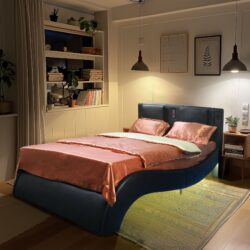 King Size Upholstered Platform Bed Frame With LED Lighting, Bluetooth Connection To Play Music Control, Backrest Vibration Massage, Curve Design, Wood Slat Support, Exhibited Speakers - Black