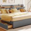 Queen & Twin Long Size Upholstered Platform Bed, Mother & Child Bed With Hydraulic Storage System, Drawer Box, Bedhead Storage Shelf And 2 Pairs Of Sockets & USB Ports - Gray - Image 21