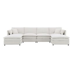 Chenille Modular Sectional Sofa, U Shaped Cloud Couch Set With Double Cushions, 6 Seat Sleeper Sofa Bed With Ottomans, Oversized Indoor Furniture - Cream