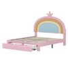 Full Size Upholstered Rainbow Design Bed, Velvet Princess Platform Bed With Storage Drawer, No Box - Spring Needed - Colorful / Pink - Image 5