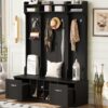 5 In 1 Entryway Bench With Coat Rack, 7 Sturdy Hooks, 2 Spacious Drawers And Adjustable Shelves, Wide Hall Tree With Metal Handles For Hallway - Black - Image 7