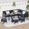 7 Piece Outdoor Furniture Set Waterproof Cushions Glass Table Space Saving - Blue - Image 4