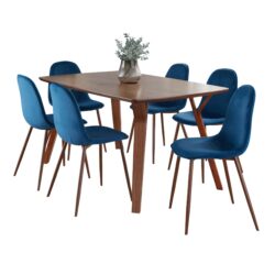 Folia Pebble - 7 Piece Mid-Century Modern Dining Set - Blue / Walnut
