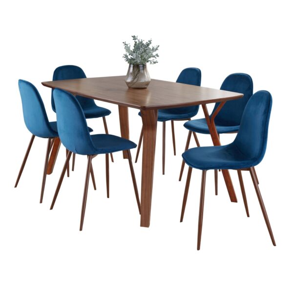 Folia Pebble - 7 Piece Mid-Century Modern Dining Set - Blue / Walnut