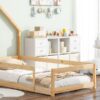 Twin Size Wood Bed With House Shaped Headboard Floor Bed With Fences - Natural - Image 7