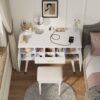 Elegant Vanity Makeup Table & Chair Set Modern Dressing Table With Organizer Writing Desk Charging Port Engineered Wood - White - Image 2