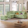 Convertible Sofa Bed Sectional Sofa Sleeper L-Shaped Sofa With A Storage Ottoman, Two Pillows, Two Power Sockets And Two USB Ports For Living Room - Green - Image 6