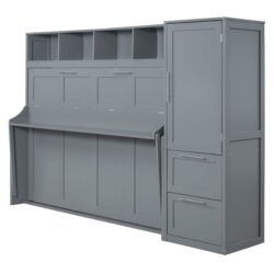 Queen Size Murphy Wall Bed With Closet And Drawers - Gray
