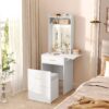Small Vanity Desk With Mirror And Light, Dressing Table With Charging Station & Fold Up Panel For Small Space, Compact Makeup Vanity Set With Hidden Stool For Bedroom - White - Image 2