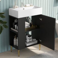 Bathroom Vanity, Combo Cabinet, Bathroom Storage Cabinet, Single Ceramic Sink, Left Side Storage - Black