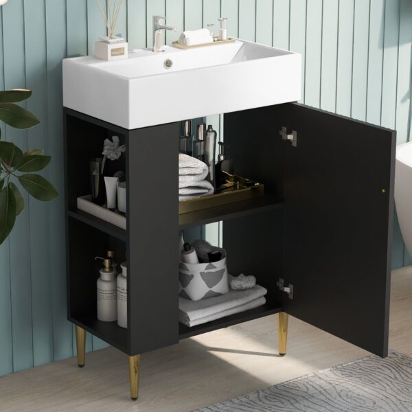 Bathroom Vanity, Combo Cabinet, Bathroom Storage Cabinet, Single Ceramic Sink, Left Side Storage - Black