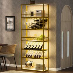LED Tall LED Tall Wine Rack Freestanding Floor, 7 Tier Wine Baker Rack With Glass Holder & Wine Storage, Industrial Wine Display Shelf Wine Bar Cabinet For Bar - White / Gold