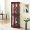 Curio Cabinet Lighted Curio Diapaly Cabinet With Adjustable Shelves And Mirrored Back Panel, Tempered Glass Doors 6 Tier, (E26 Light Bulb Not Included) - Cherry - Image 5