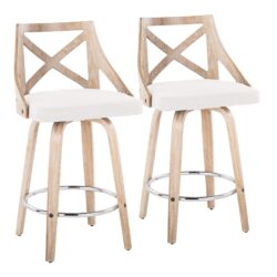 Charlotte - Farmhouse Fixed Height Counter Stool With Swivel Round Chrome Footrest (Set of 2) - White Washed / Cream