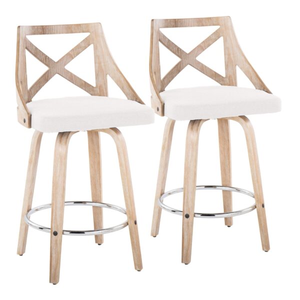 Charlotte - Farmhouse Fixed Height Counter Stool With Swivel Round Chrome Footrest (Set of 2) - White Washed / Cream