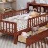 Twin Size Bed With Headboard Storage Rack, 2 Under Bed Drawers, 3 - Side Guardrails For Safety And Security - Walnut - Image 20