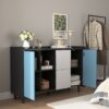 Modern Sideboard Buffet Cabinet With Doors And Unique Panel Styling - Black / Blue - Image 7
