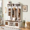 5 In 1 Entryway Bench With Coat Rack, 7 Sturdy Hooks, 2 Spacious Drawers And Adjustable Shelves, Wide Hall Tree With Metal Handles For Hallway - Brown / White - Image 7