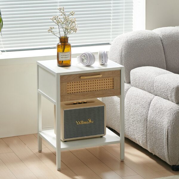 15.74" Rattan End Table With Drawer, Modern Nightstand, Metal Legs, Side Table For Living Room, Bedroom - White