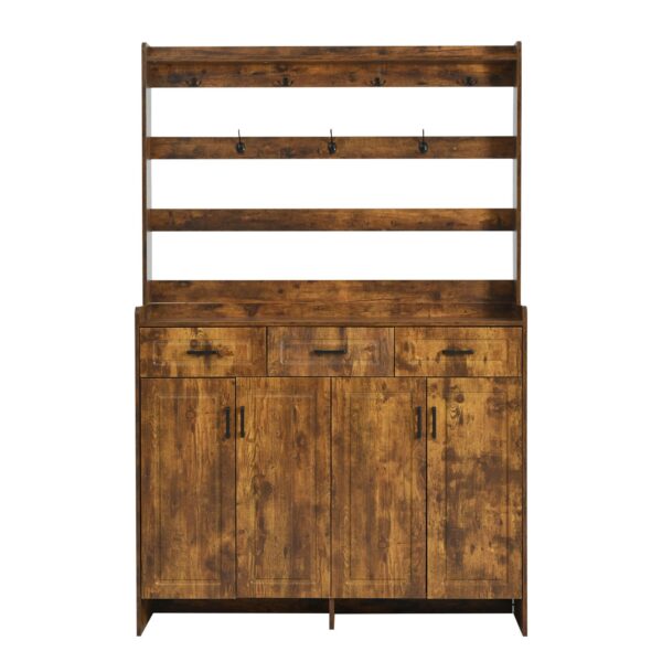 Minimalist 4 Door Shoe Cabinet With Coat Rack, Spacious Top, 3 Drawers, 8 Shelves, Metal Hooks And Handles For Hallway - Rustic Brown