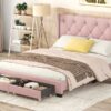Queen Size Storage Bed Linen Upholstered Platform Bed & Two Drawers - Pink - Image 16