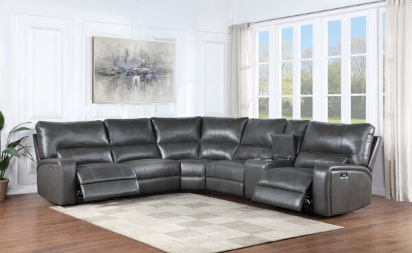 Saul - Leather Aire Power Motion Sectional Sofa With USB Port Cupholder Console - Gray