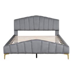 Queen Size Platform Bed With Thick, Stylish Stripe Decorated Bedboard And Elegant Leg - Gray