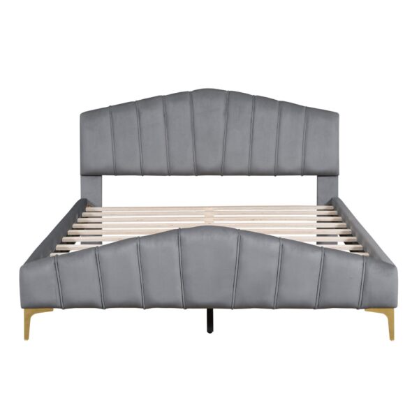 Queen Size Platform Bed With Thick, Stylish Stripe Decorated Bedboard And Elegant Leg - Gray