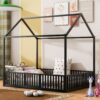 Full Size Metal House Bed With Fence And Door - Black - Image 2