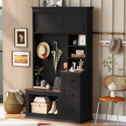 Modern Entryway Bench With Coat Rack, 3 Shelves And Drawers, 3 Sturdy Hooks, Wide Hall Tree With Storage Bench For Hallway - Black