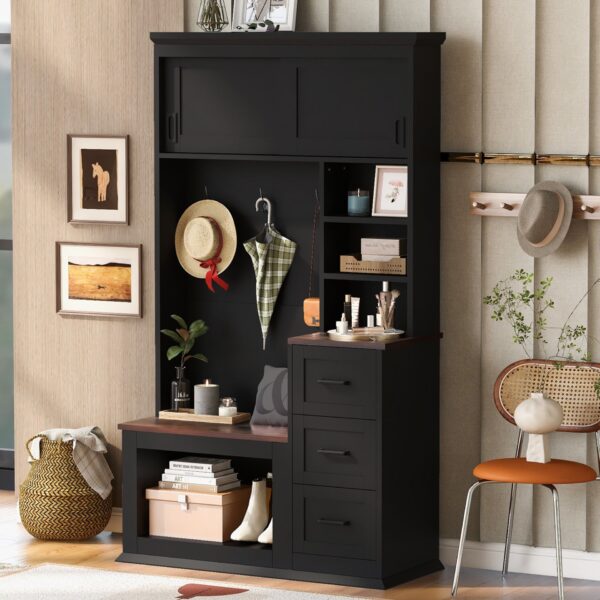 Modern Entryway Bench With Coat Rack, 3 Shelves And Drawers, 3 Sturdy Hooks, Wide Hall Tree With Storage Bench For Hallway - Black