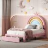 Twin Size Upholstered Rainbow Design Bed, Velvet Princess Platform Bed With Storage Drawer, No Box - Spring Needed - Colorful / Pink - Image 3