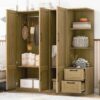 3 Door Storage Wardrobe For Dedroom With Shelves And 2 Drawers, Side Storage Shelves - Nature - Image 12