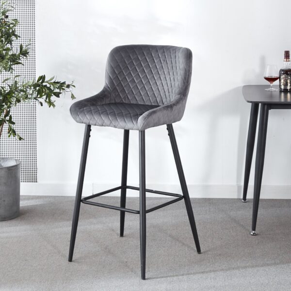 Counter Height Bar Stool, Metal Legs, Velvet Upholstered For Pub, Restaurant, Kitchen Island (Set of 2) - Black / Dark Gray