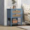 2 Drawer Side Table, Natural Rattan, American Furniture, End Table Suitable For Bedroom, Living Room, Or Study - Blue - Image 4