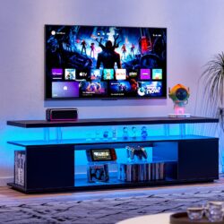 TV Stand LED Gaming Entertainment Center Media Storage Console Table With Large Side Cabinet For Living Room - Black