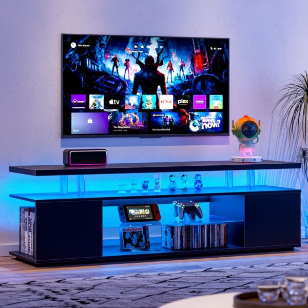 TV Stand LED Gaming Entertainment Center Media Storage Console Table With Large Side Cabinet For Living Room - Black