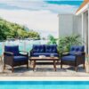 4 Piece Garden Furniture, Patio Seating Set, Outdoor Sofa Set, Wood Table And Legs - Brown / Blue - Image 2