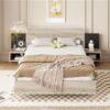 Queen Size Floating Platform Bed, With LED Lights, Bedside Nightstand - Natural - Image 8