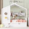 Full Size House Bed With Trundle, Modern Design For Kids With Storage Shlef - White - Image 18