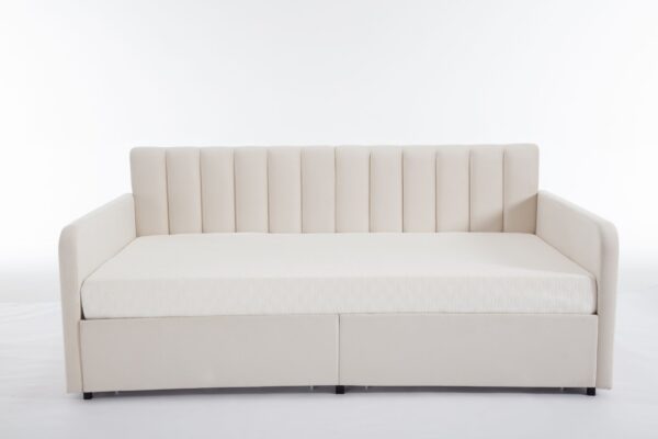 Flora - Twin Upholstered Daybed With 2 Drawers Ribbed Tufted Backrest in Lavish Modern Design - Ivory