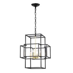 4 Light Metal Lantern Tiered Pendant Hanging Light Fixtures, Industrial Farmhouse Adjustable Height Chandeliers For Dining Room Hallway Foyer Entryway (E12 Bulbs Not Included) - Matte Black / Gold