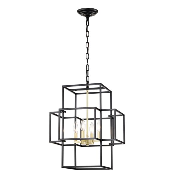 4 Light Metal Lantern Tiered Pendant Hanging Light Fixtures, Industrial Farmhouse Adjustable Height Chandeliers For Dining Room Hallway Foyer Entryway (E12 Bulbs Not Included) - Matte Black / Gold