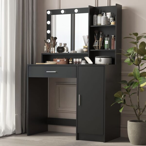 Vanity Desk With Mirror & Light, Large Drawer Three Level Storage Dresser, 3 Lighting Modes Adjustable Brightness, Bedroom Dressing Table - Black