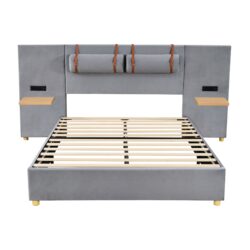 Queen Upholstered Platform Bed, 2 Outlets And USB Charging Ports On Both Sides, 2 Bedside Pillows, Storage Shelves - Gray