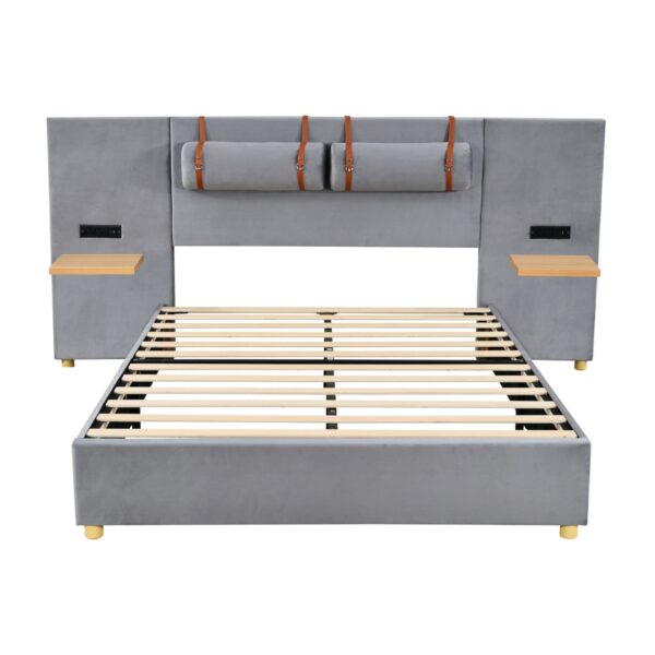 Queen Upholstered Platform Bed, 2 Outlets And USB Charging Ports On Both Sides, 2 Bedside Pillows, Storage Shelves - Gray