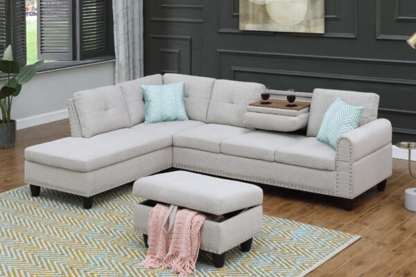 Alger - 98" Wide Left Hand Facing Sofa & Chaise With Ottoman - Light Gray